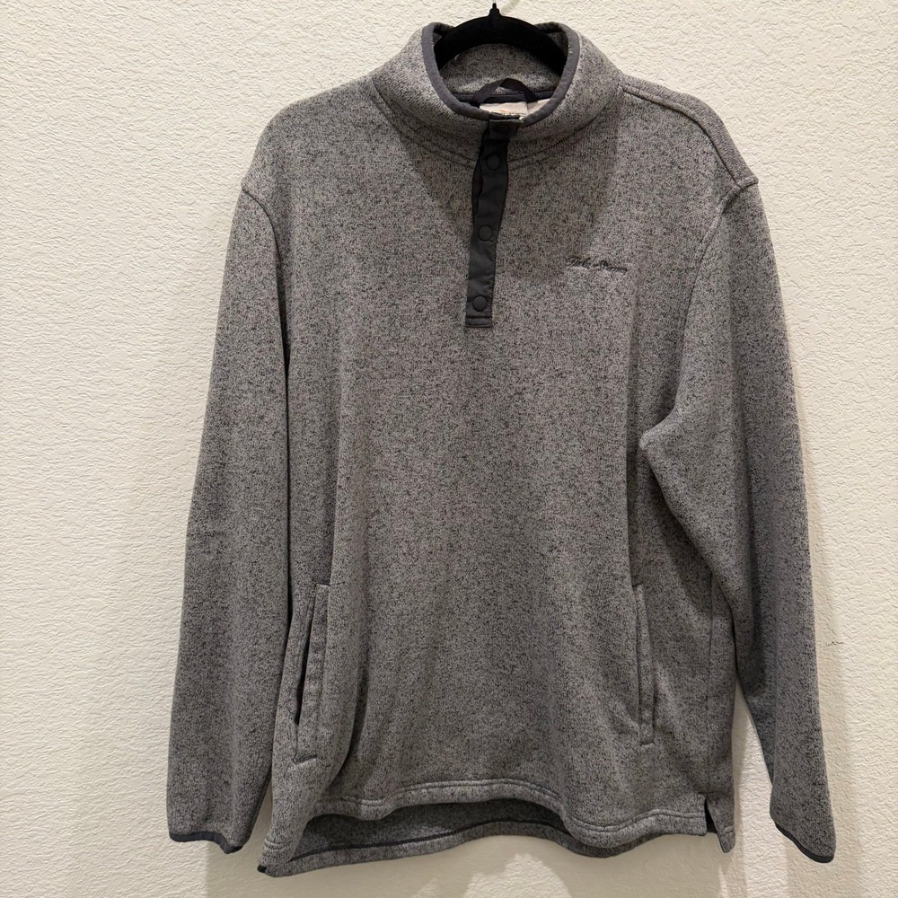 Field Stream Mens Grey Marled Sweater Fleece Snap Mock Neck Pullover Large